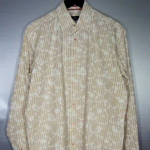 Bugatchi Uomo Md Sleeve Tan White Flower Pattern - Picture 1 of 4